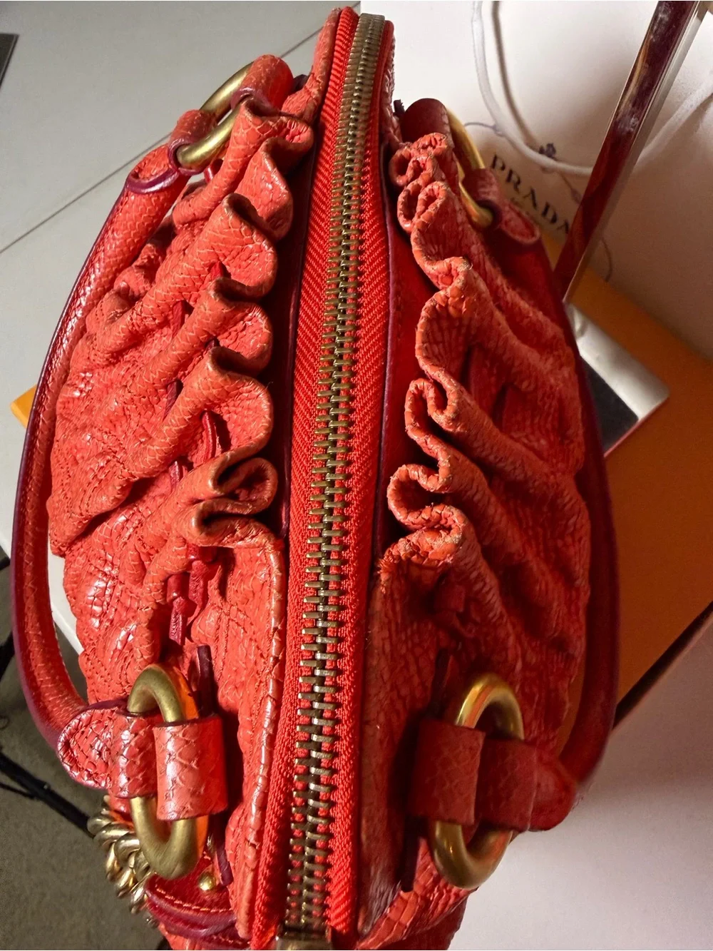 Marc Jacobs Embossed Python Leather Satchel – Coral Red